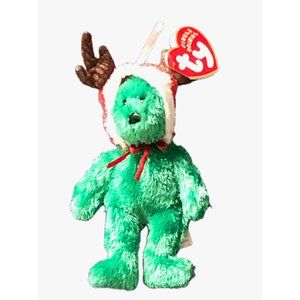 Ty Jingle Beanies Collection 2002 Holiday Teddy Green Red Hat Antlers Ornament